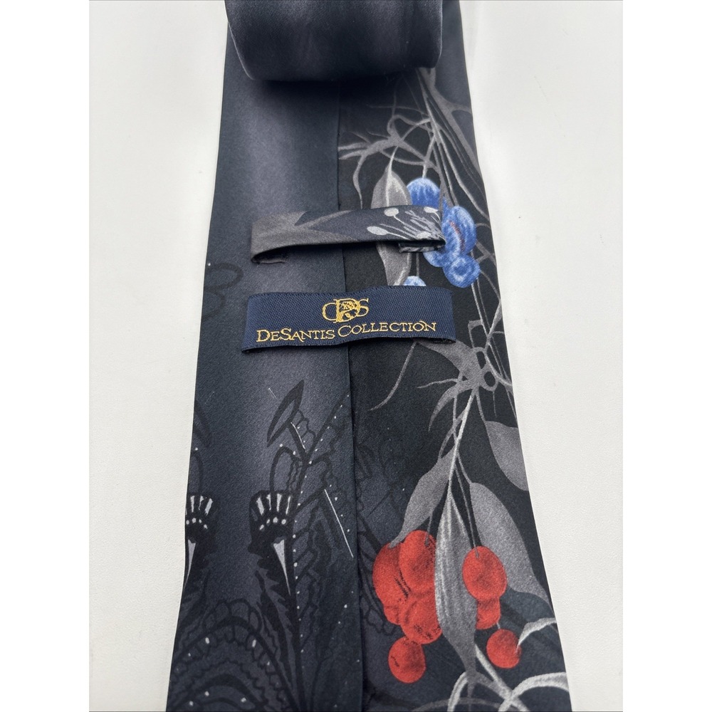 Desantis Collection Hand Made 100% Silk Tie Floral And Berries Print 56" Total L - Picture 7 of 11